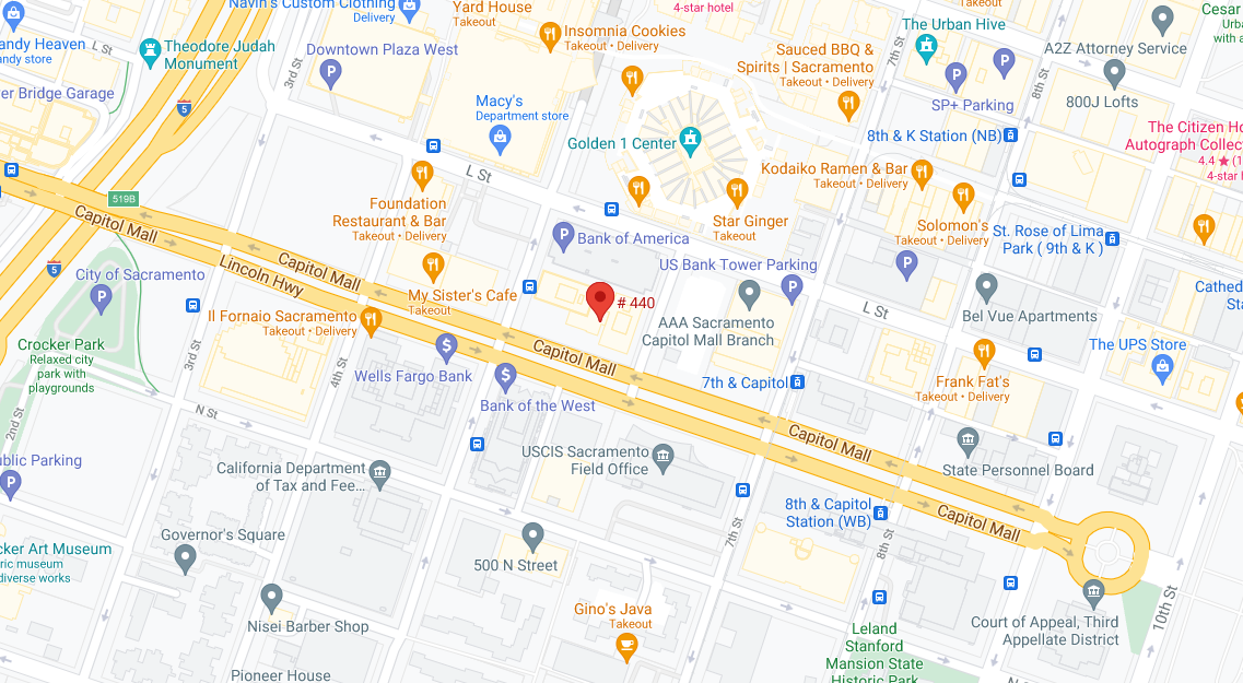 google map location screenshot of 550 Capitol Mall, Suite 2350 Sacramento, CA 95814